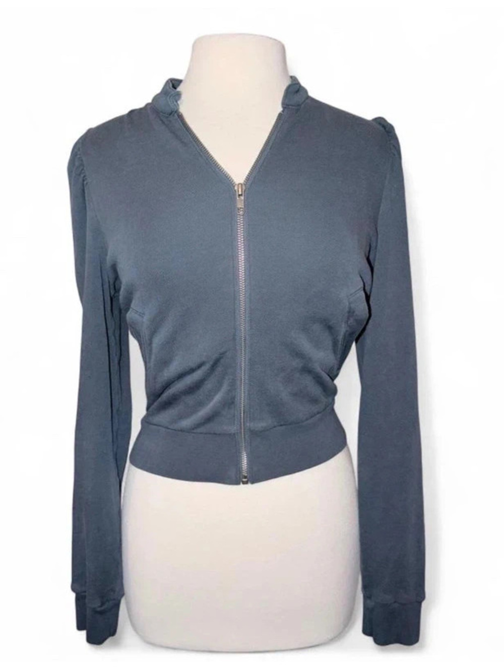 Free People Cropped Puff Sleeve Full-Zip Knit Jacket